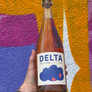 Bottle of Delta Brut Rose held against a colorful abstract background