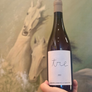 Bottle of wine labeled 'tre' held in front of a decorative wall with horse sculptures.