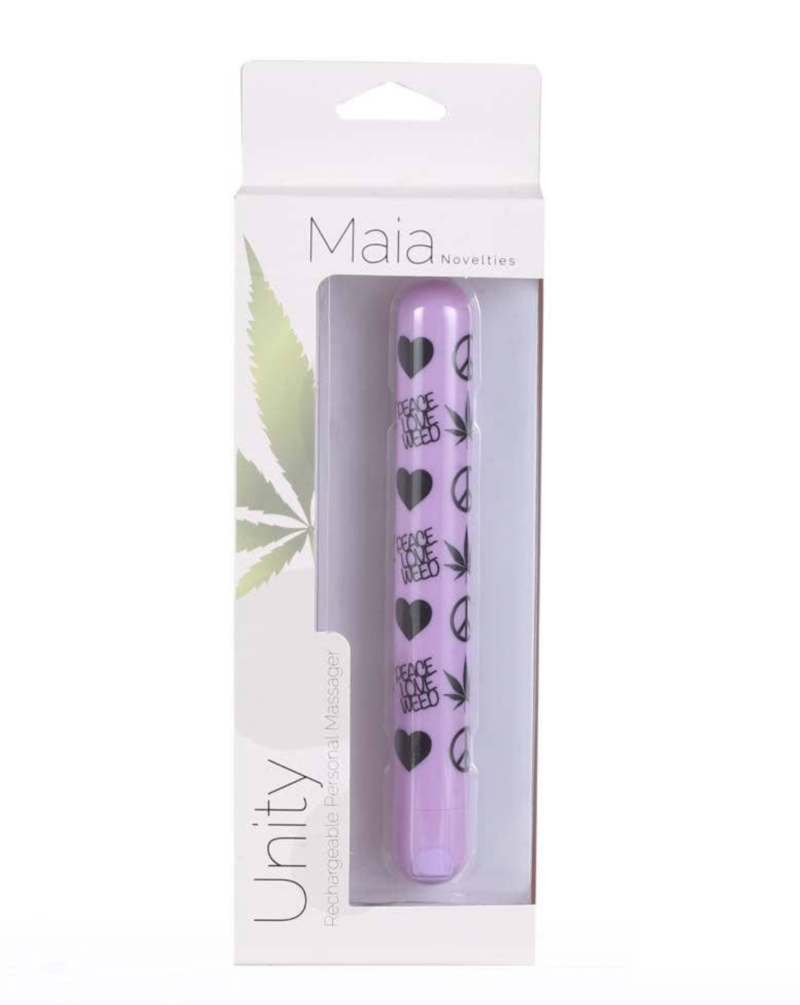 PEACE, LOVE and WEED. The Maia Novelties Unity makes a timeless statement with its modern design and nostalgic look. This 10-Function Rechargeable Bullet Vibrator is coated with silky soft Silicone that is 100% body safe.