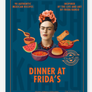 Book cover of 'Dinner at Frida's' with Frida Kahlo illustration and Mexican food items on a blue background.