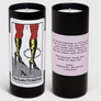 Two candles with labels featuring artistic designs and text on a white background
