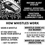 Advertisement for whistles as an instant alert system with instructions on use.