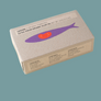 Box with a purple fish logo on a beige background
