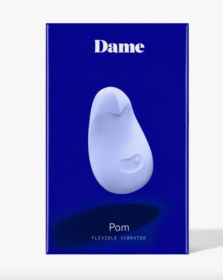 Blue packaging of 'Dame Pom' flexible vibrator on a white background