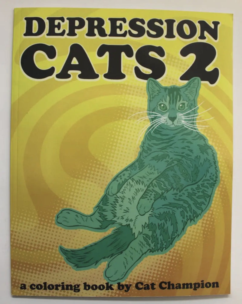 Book cover of 'Depression Cats 2' with a green cat illustration on a yellow background