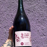 A hand with a floral tattoo holds a large dark glass bottle of Folicello Il Rosato Rosato Valti wine against a textured purple stucco wall.