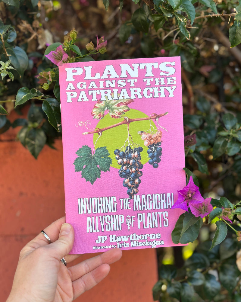 Pink book titled 'Plants Against the Patriarchy' held by a hand with greenery in the background