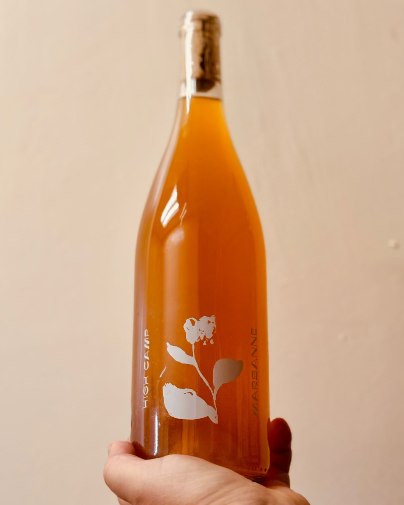 Hand holding a bottle of amber liquid with a cork, against a beige background