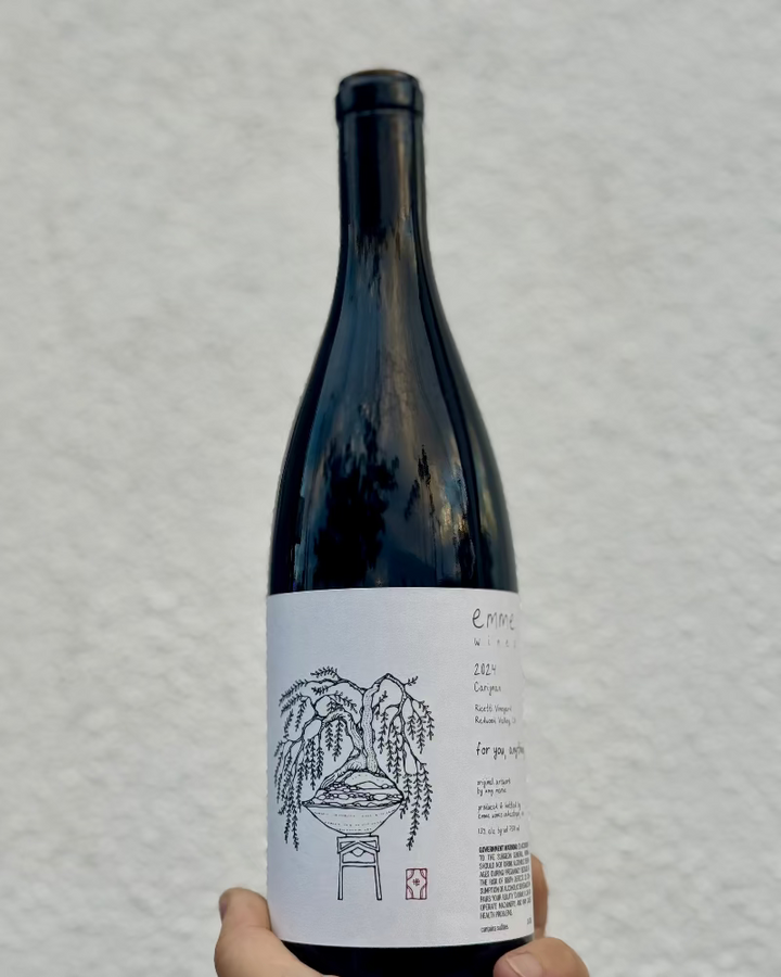 Wine bottle with a label held by a hand against a gray background