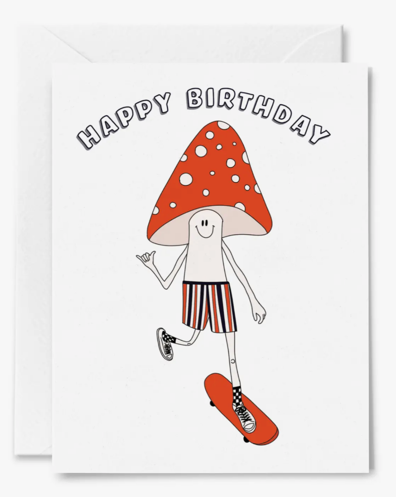 Happy Birthday Mushroom Skating card. Blank inside