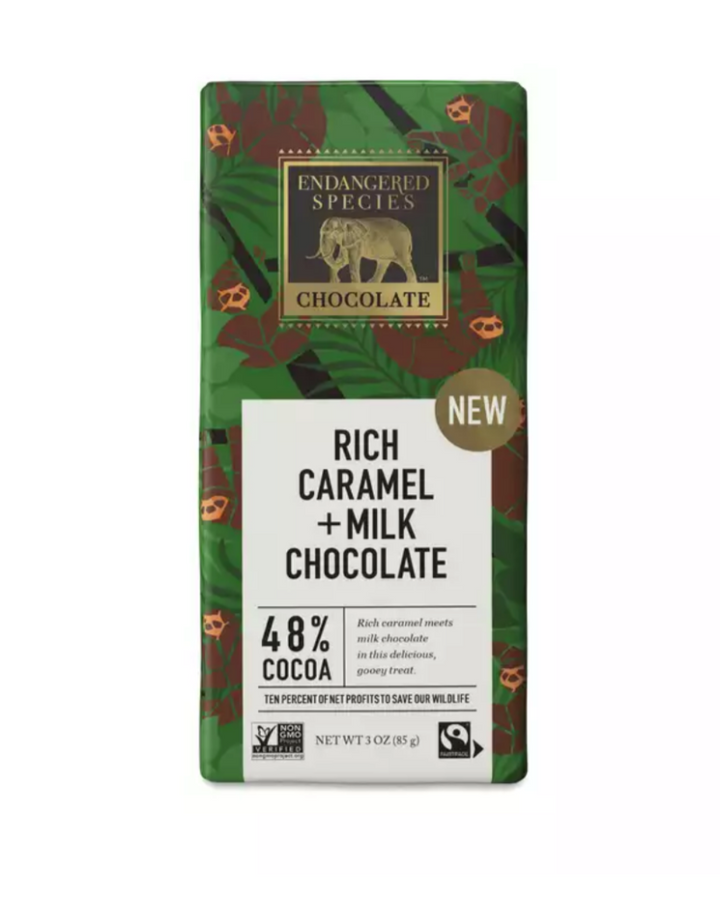 48% COCOA Creamy, dreamy and deliciously decadent—this bar blends smooth milk chocolate and caramel to create an ooey-gooey, oh-so-satisfying taste of bliss in every bite. Enjoy!  We are bringing awareness to the plight of the Sloth with this chocolate bar.