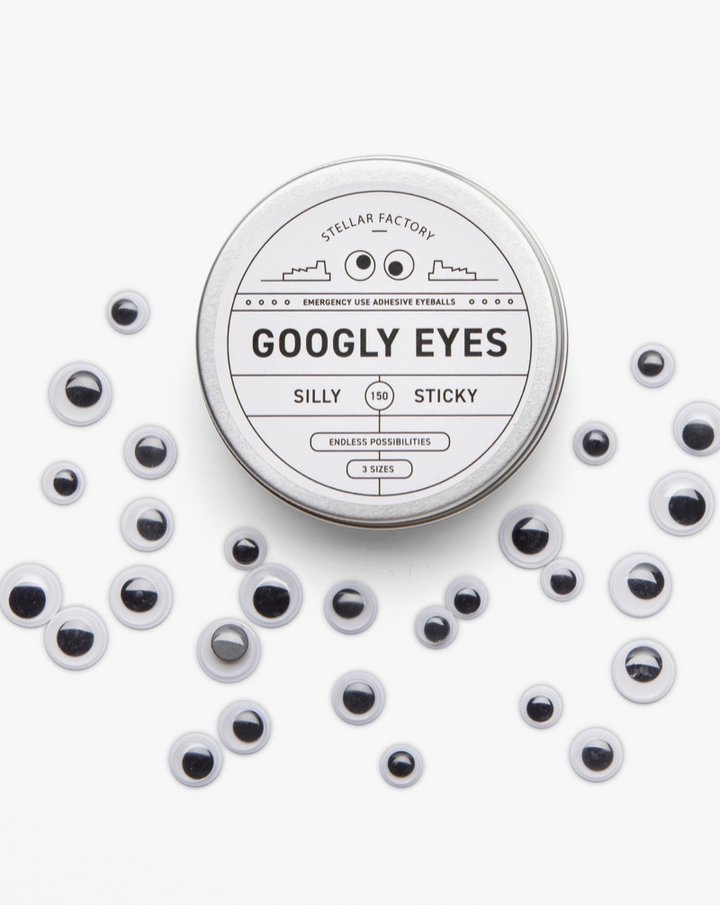 Googly eyes when you need them the most! Our handy tin contains endless possibilities for silly sticking.  Woman owned.  Contains 150 googly eyes between 3 different size: 8mm, 10mm, and 12mm.
