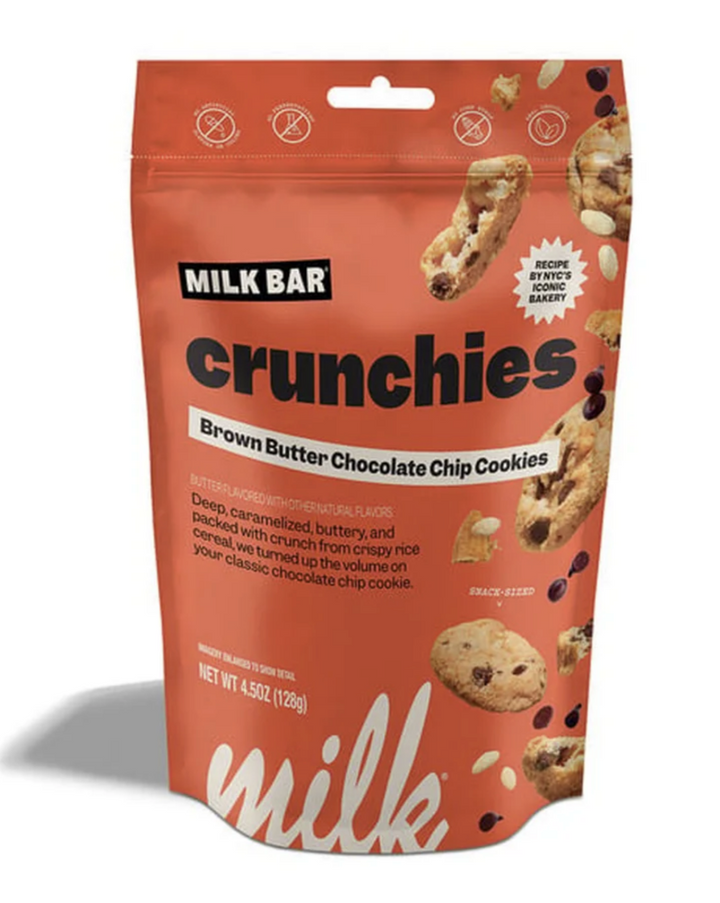 The Milk Bar decadence you love in a new and delicious bite-sized crunch. These Crunchies are full of rich brown butter flavor and sweet chocolate chips, baked to be perfectly snackable with pops of surprise crispy rice cereal for a satisfying crunch, anytime of day. You've never met a cookie like 'em.