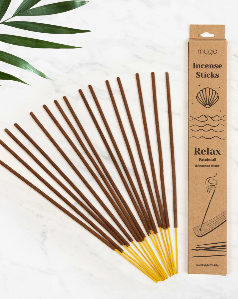 Incense sticks are wrapped in eco-friendly butter paper and then packed in a recyclable paper box. Each incense is created with unique natural extracts and herbs and hand rolled onto bamboo sticks. A package contains 15 sticks.  Woman Owned 