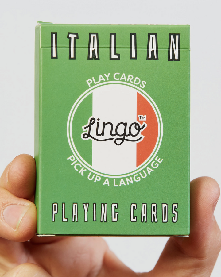 Often recognized as the most beautiful language in the world, you can say “I have a strange rash” in Italian and you still sound like a smooth operator. Just think how awesome it would be to say hello, find out where the closest restaurant is and order a beer! With Lingo Playing Cards, you can have hours of fun with your friends and family while on the go.
