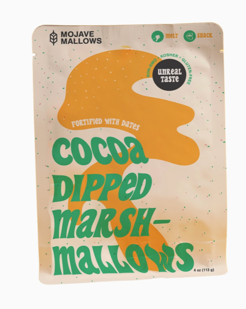 Gourmet vanilla marshmallow dipped in pure dark cocoa powder is the ultimate hot cocoa pairing. Dark cocoa cuts the sweetness and adds a chocolaty flavor. Each air-tight party pack resembles an artisanal coffee bag, and fits 8-10 hefty mallows.