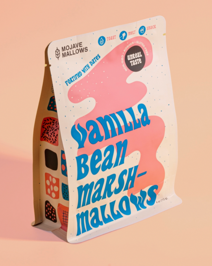 Gourmet vanilla bean dotted marshmallows handmade with organic ingredients. Each air-tight party pack resembles an artisanal coffee bag, and fits 8-10 hefty mallows.