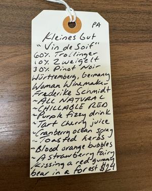 60% Trollinger, 30% Pinot Nior, 10% Zweigelt Württemberg, Germany.Woman winemaker - Frederike Schmidt.All natural.Chillable Red.Purple fizzy drink. Tart cherry juice.Cranberry ocean spray.Toasted herbs.Blood orange bubbles.A strawberry fairy kissing a red gummy bear in a forest.