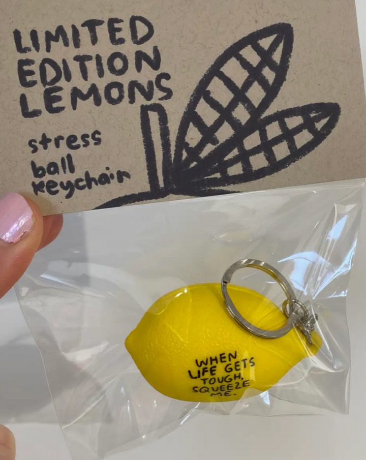 People I've Loved Lemon Stress Ball Keychain. Collaboration with artist Leah Martha Rosenberg