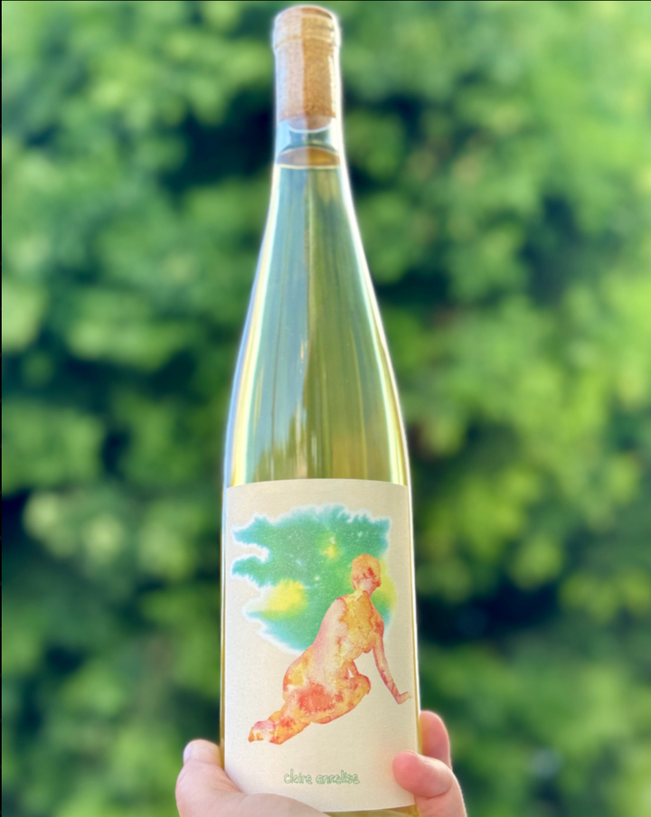 Wine bottle with a colorful label held against a blurred green background