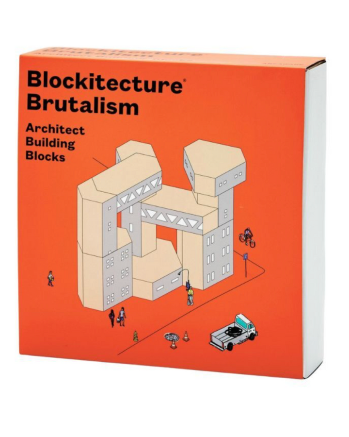 Box of Blockitecture Brutalism architect building blocks with architectural illustration on an orange background