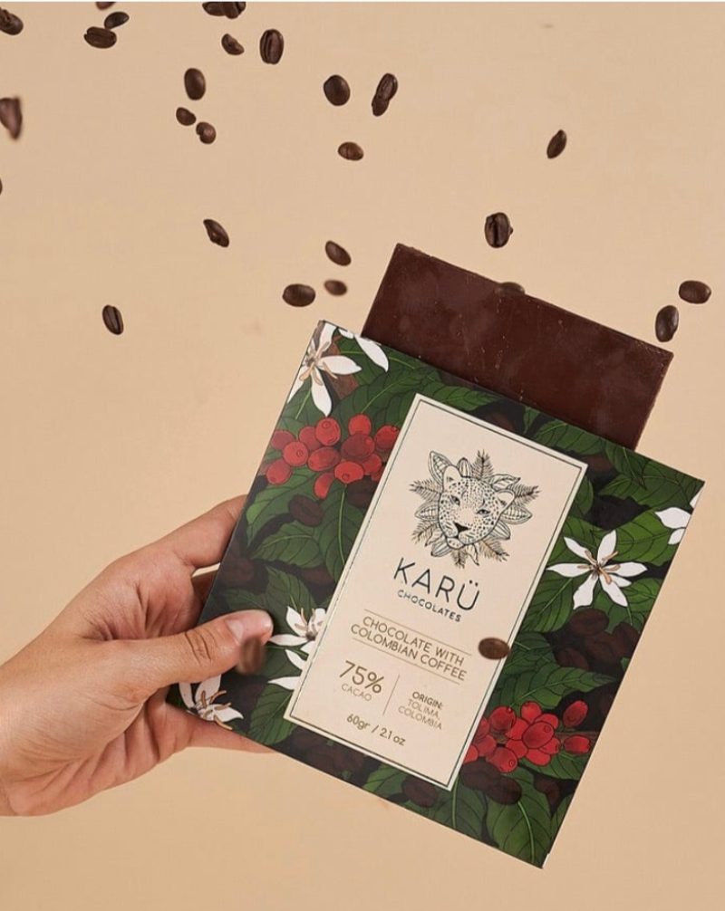 KARÜ CHOCOLATES 75% CACAO WITH COLOMBIAN COFFEE - Need a pick-me-up? Our 75% cacao chocolate with coffee is the perfect combination! Made with high-quality cacao and real coffee, it's a rich and indulgent treat that will give you the boost you need.