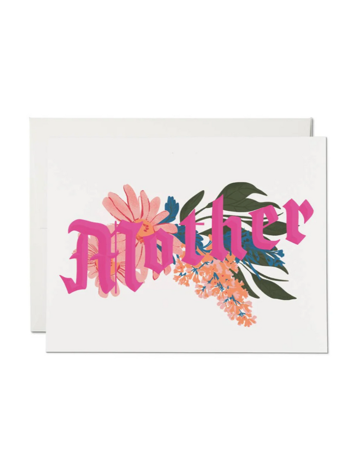 Mother greeting card with pink writing and flowers