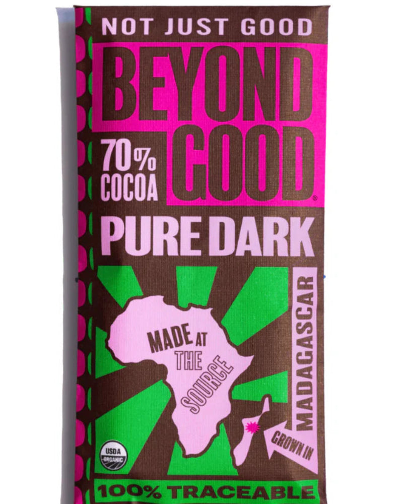 Chocolate bar packaging with 'Beyond Good' branding and information about cocoa content and origin.