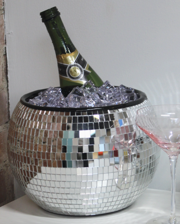  disco ball ice bucket with bottle of champagne and glass
