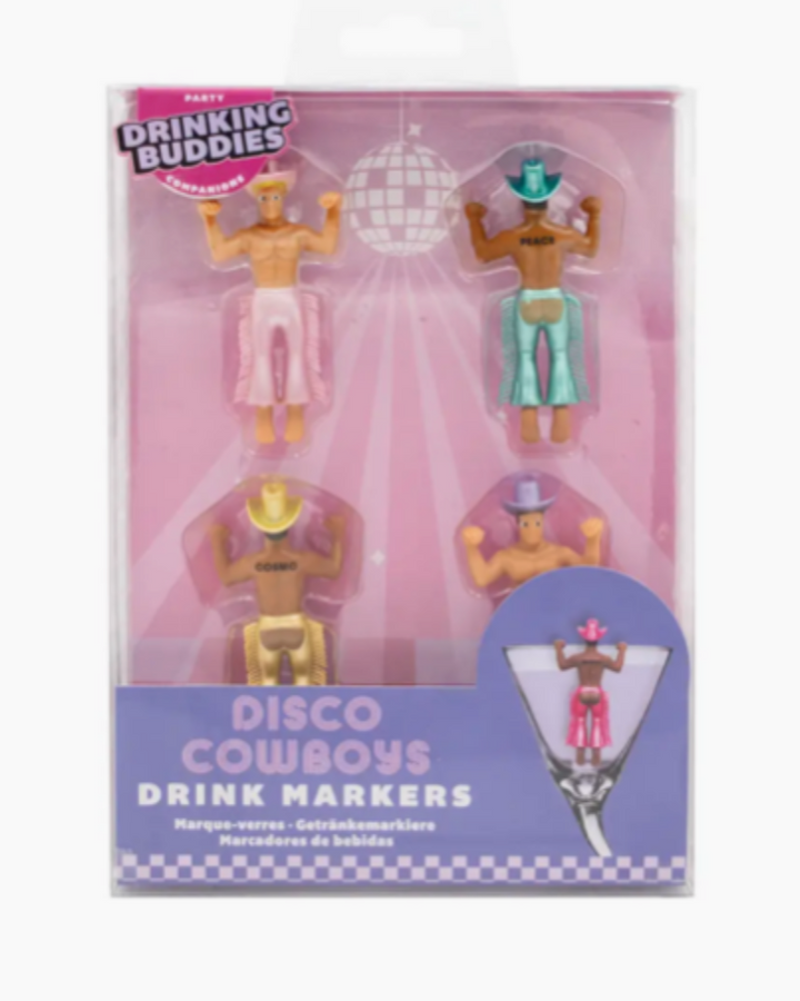 Packaging of Drinking Buddies Disco Cowboys drink markers with figures on a pink and purple background.