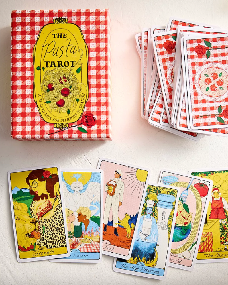 Pasta Tarot card set with a red and white checkered box on a light background