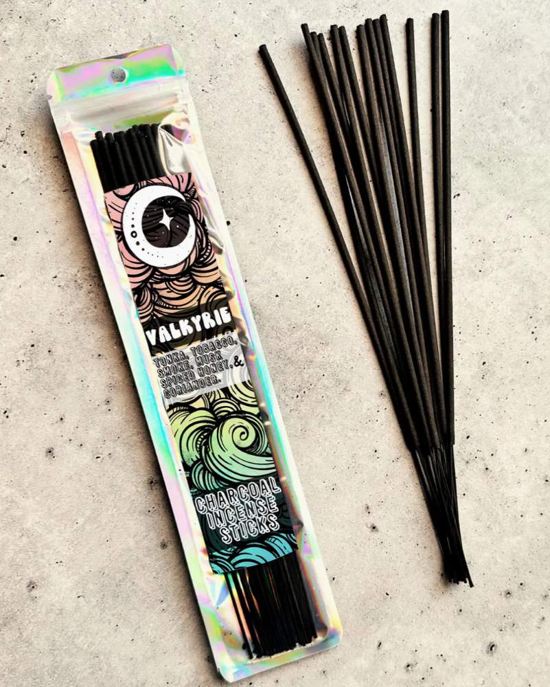 Valkyrie Charcoal Incense Sticks packaging with incense sticks on a textured surface