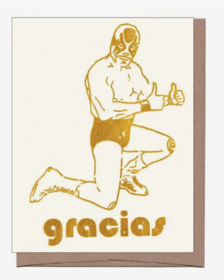 Card with a gold illustration of a person in a lunge pose and the word 'gracias' on a beige background
