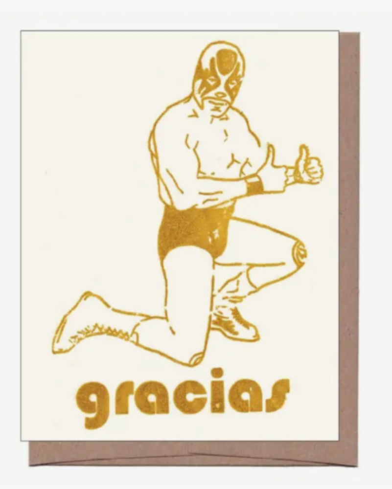 Card with a gold illustration of a person in a lunge pose and the word 'gracias' on a beige background
