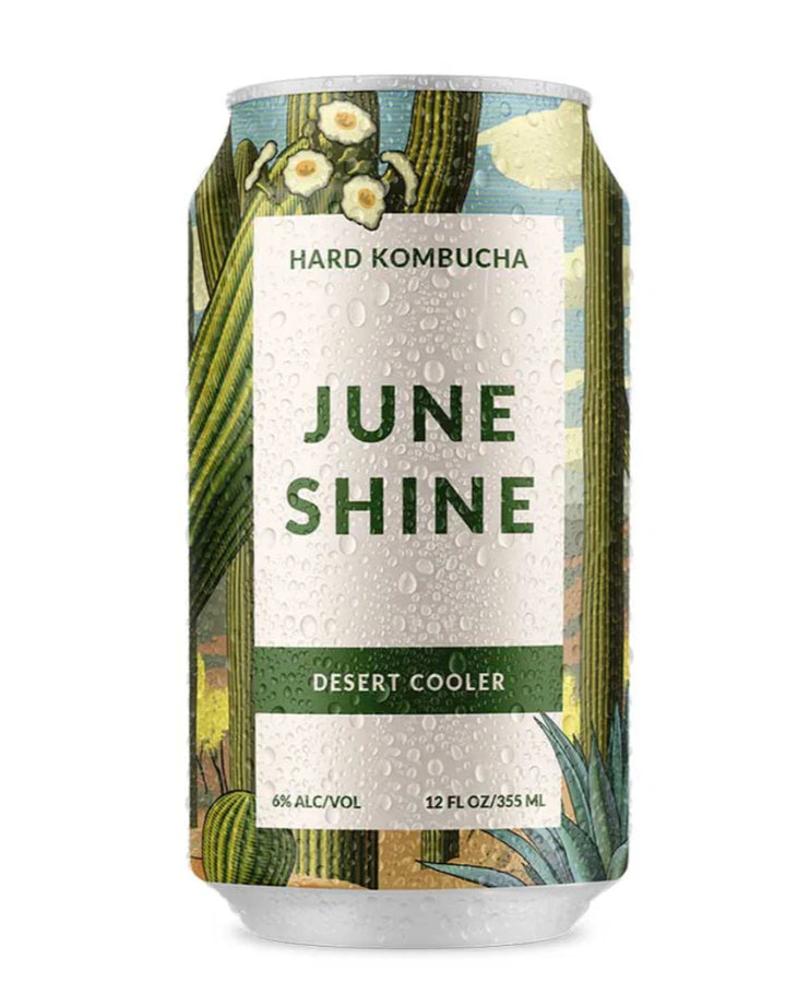Can of June Shine Hard Kombucha with cactus design on a white background