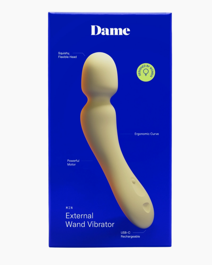 Dame external wand vibrator packaging with blue background and beige vibrator