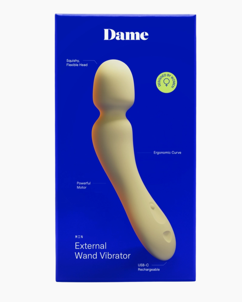 Dame external wand vibrator packaging with blue background and beige vibrator