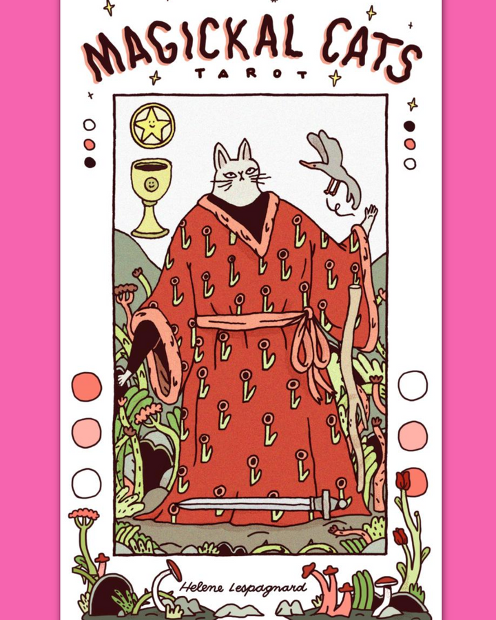 Magickal Cats Tarot card with a person in a red robe and cat on a pink background