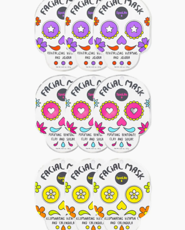 Set of facial mask packages with colorful designs on a white background