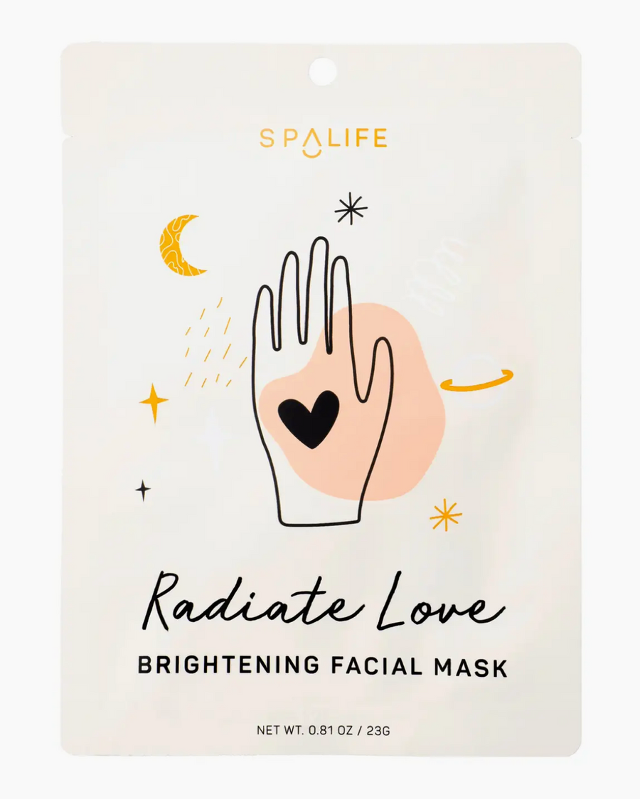 Spalife Radiate Love brightening facial mask packaging with hand illustration and text.