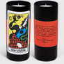Two candles with tarot card design and text on a white background