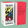 Tarot-themed candle packaging with a colorful design on a light green background