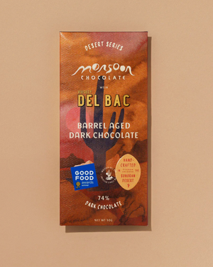 Monsoon Chocolate bar packaging with desert series design on a beige background