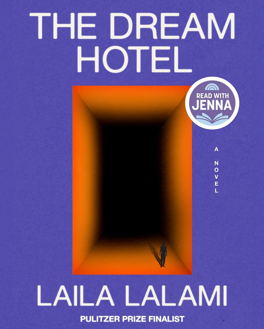 Book cover of 'The Dream Hotel' by Laila Lalami with a purple background and orange door.