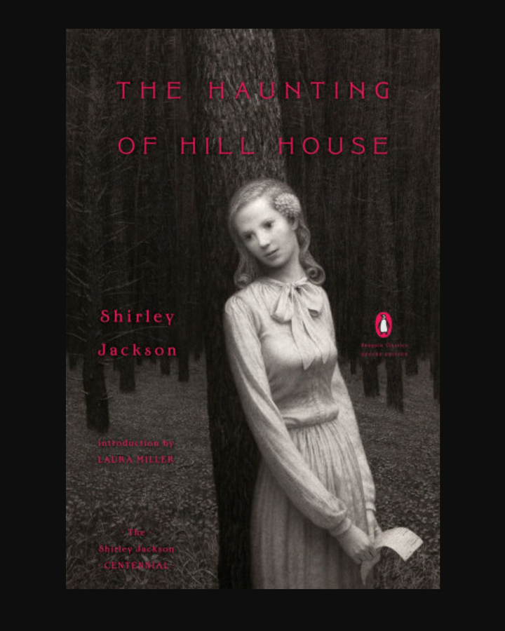Book cover of 'The Haunting of Hill House' by Shirley Jackson with a black and white photo of a woman.