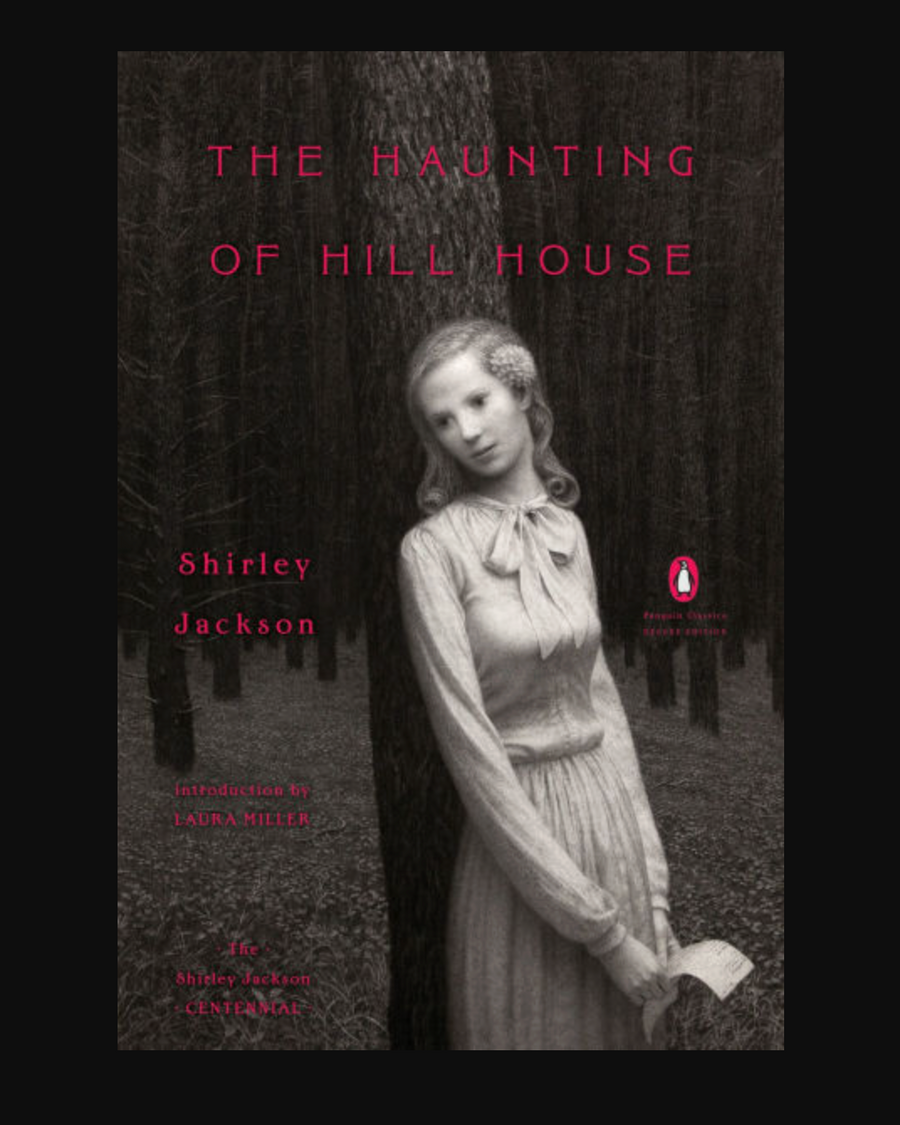 Book cover of 'The Haunting of Hill House' by Shirley Jackson with a black and white photo of a woman.