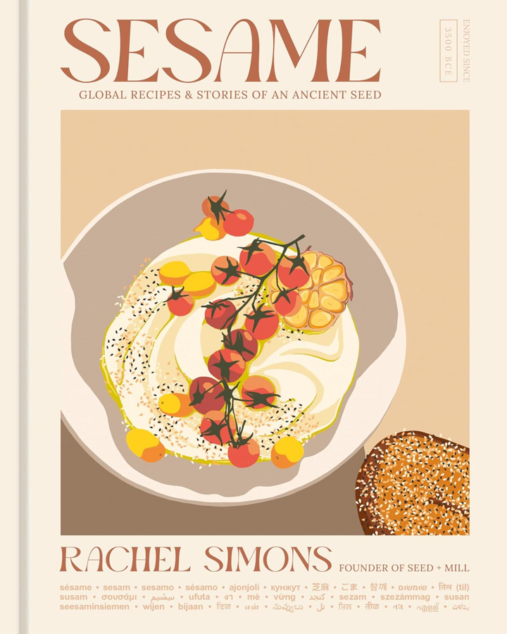 Book cover of 'Sesame' by Rachel Simons with a dish illustration on a beige background