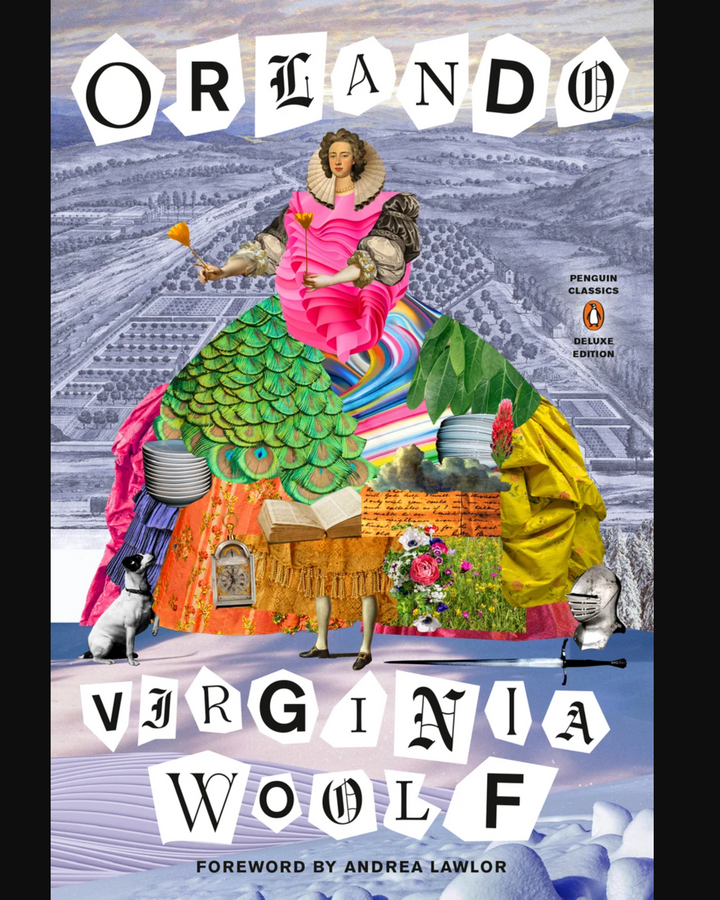Book cover of 'Orlando' by Virginia Woolf with colorful illustrations and text.