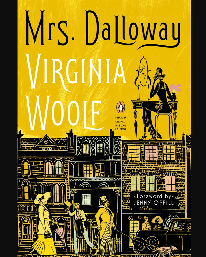 Book cover of 'Mrs. Dalloway' by Virginia Woolf with yellow background and black illustrations.