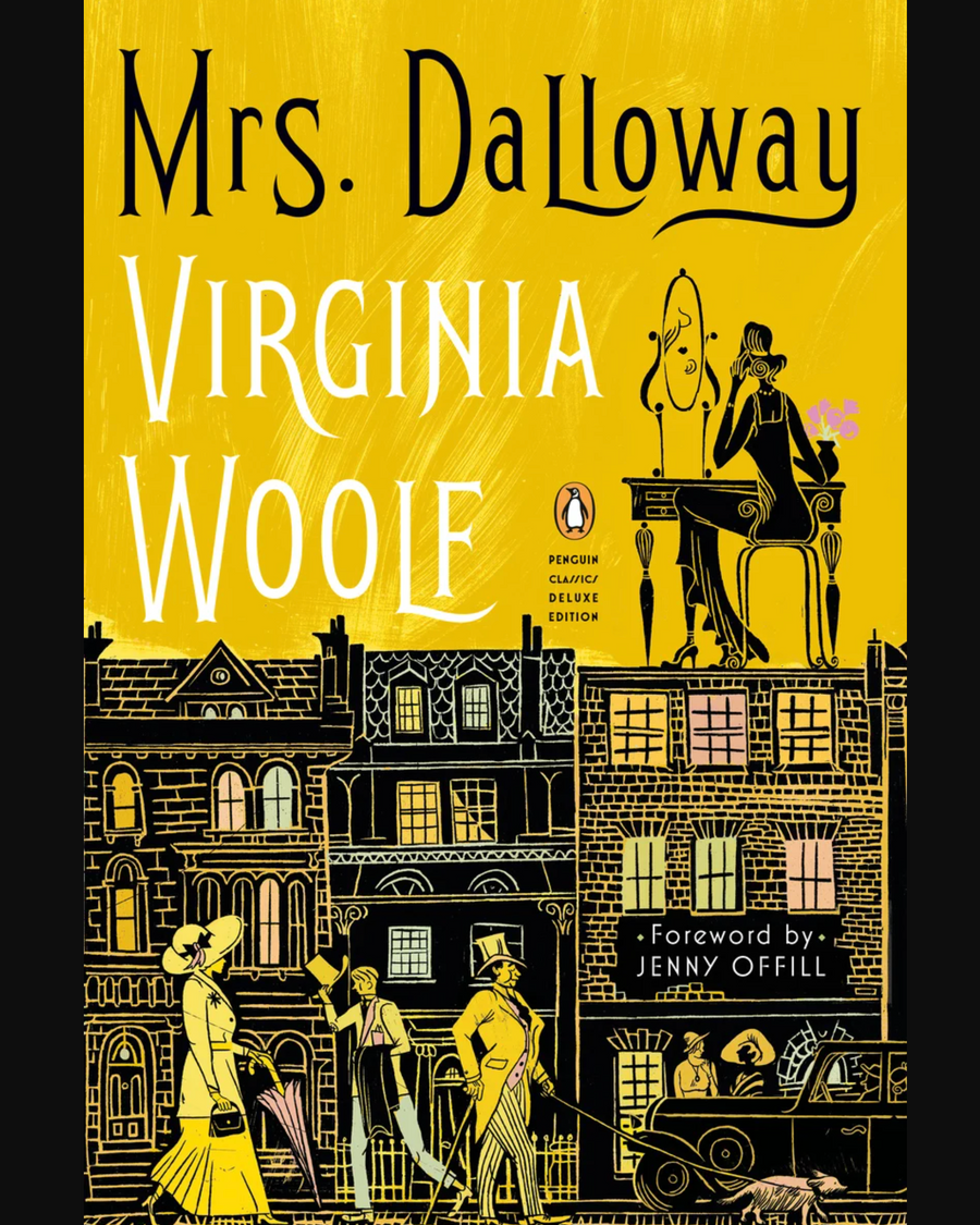 Book cover of 'Mrs. Dalloway' by Virginia Woolf with yellow background and black illustrations.